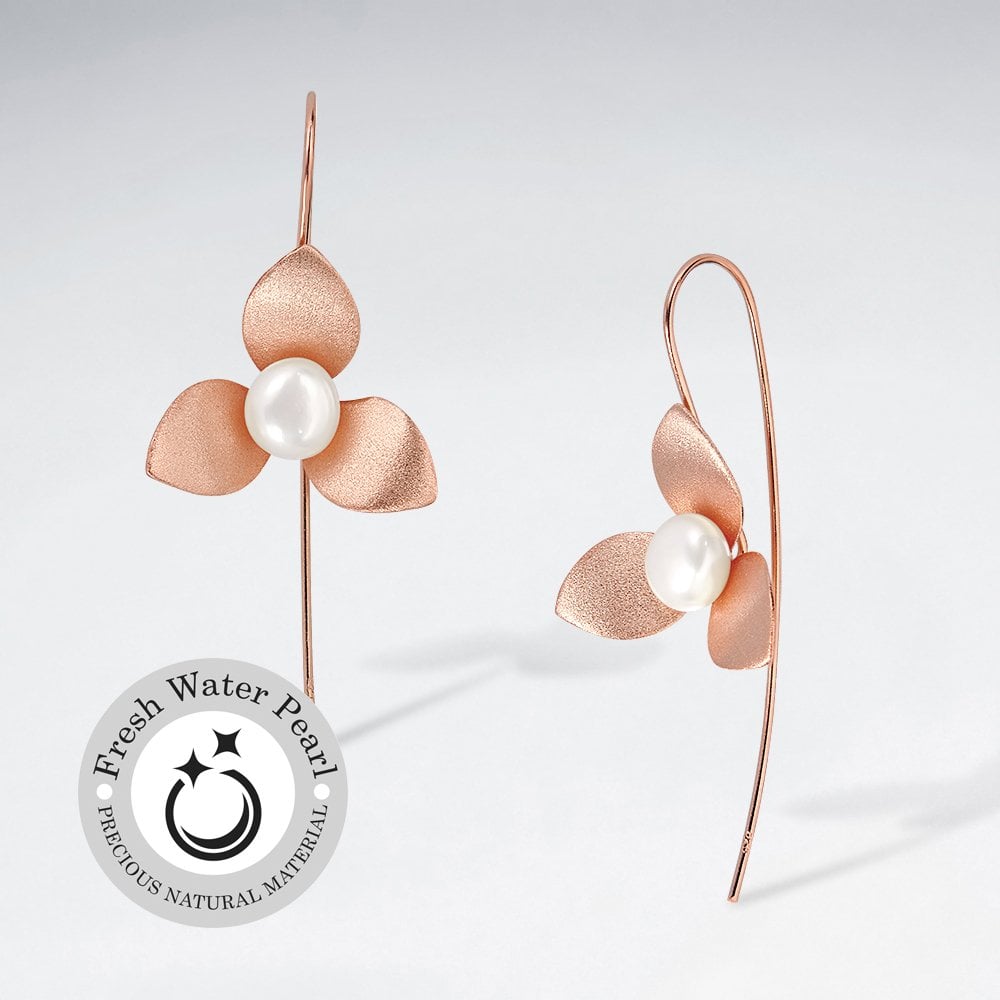 Sterling Silver Tridad Matte Flower Pearl Threader Earrings