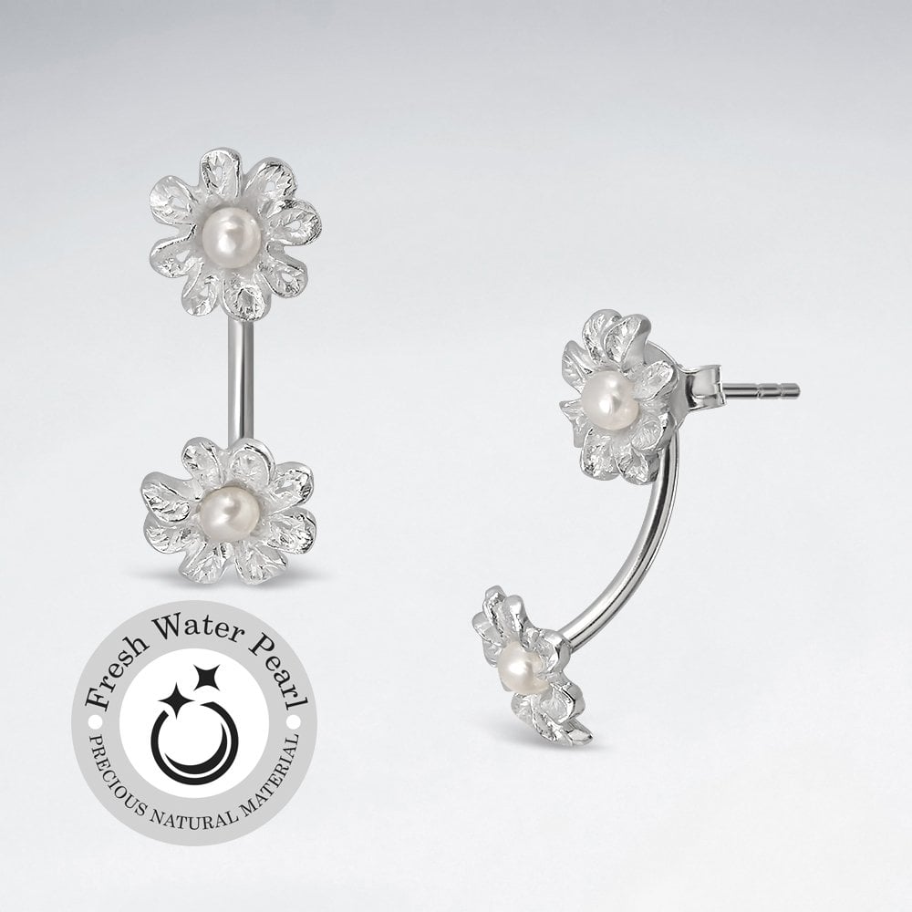 Sterling Silver Double Drop Pearl Studded Flower Earrings