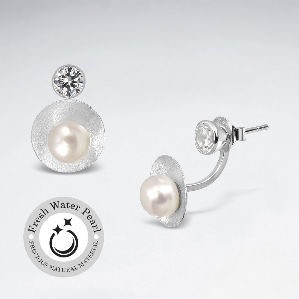 Pearl & CZ Double Tiered Silver Circle Matte Finish Stud Earrings