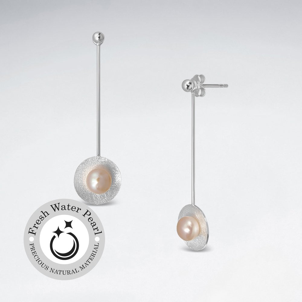 Matte Silver Long Dangle Drop Pearl Studded Circle Stud Earrings