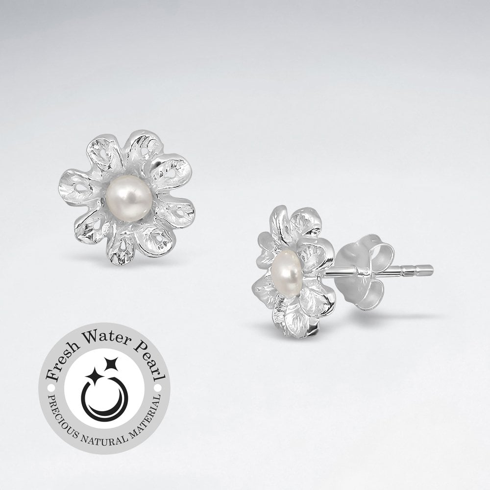 925 Silver Delicate Flower Pearl Stud Earrings