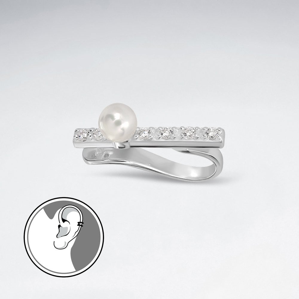 Sterling Silver Linear CZ & Pearl Cuff Earrings