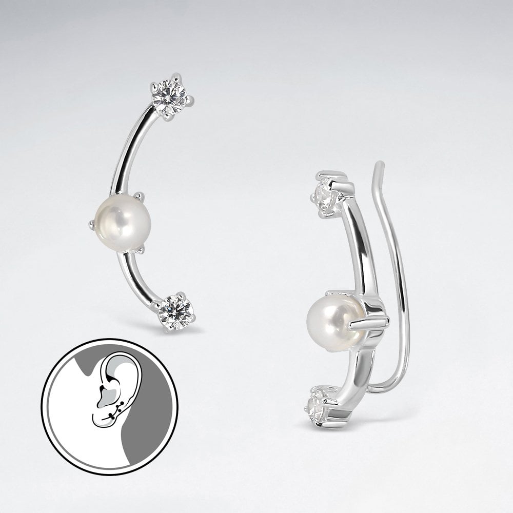 Sterling Silver CZ & Pearl Crescent Ear Crawlers