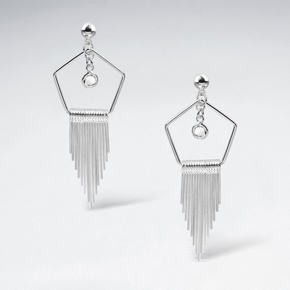 Silver CZ Geometric Pentagon Fringe Dangle Earrings