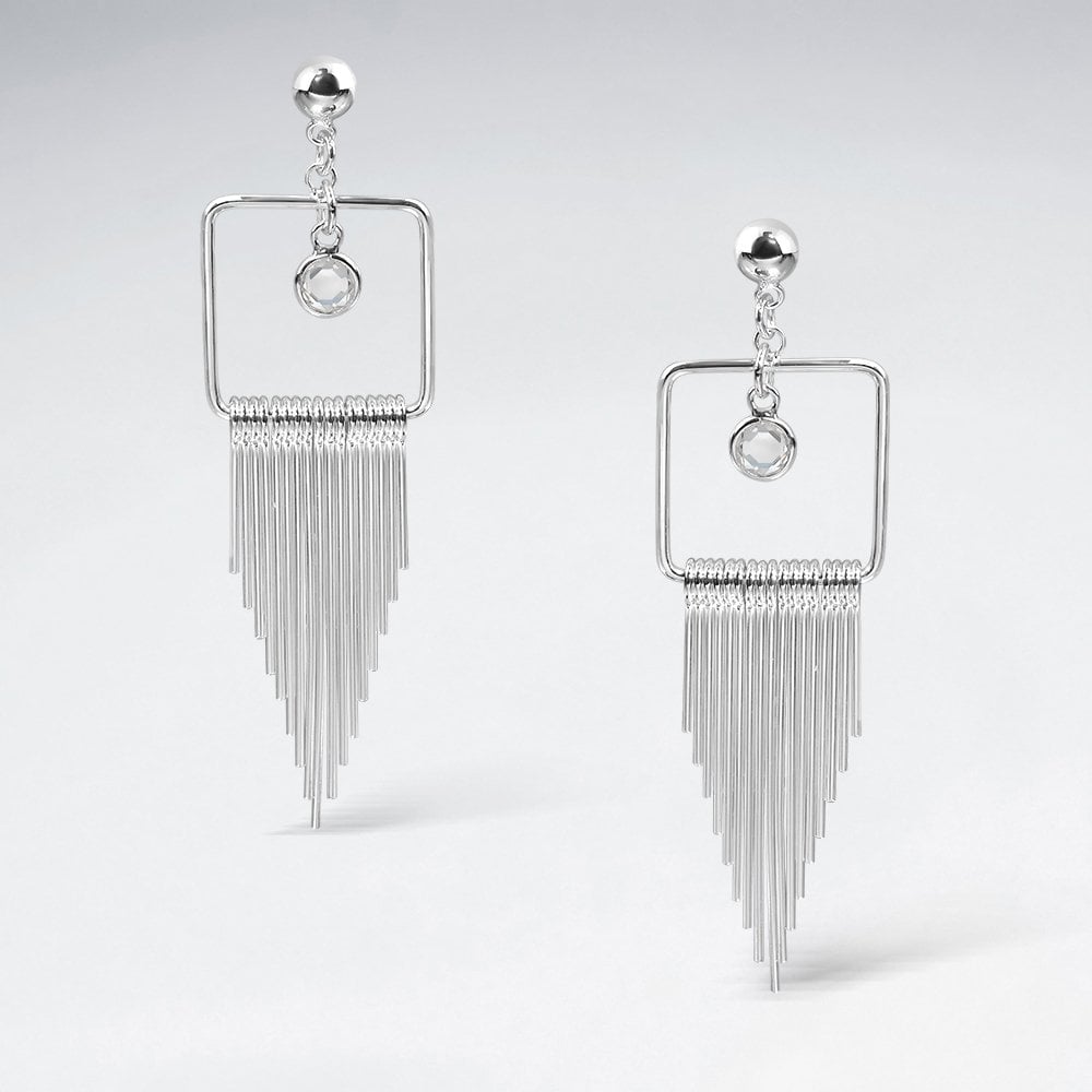 Sterling Silver CZ Square Fringe Dangle Earrings