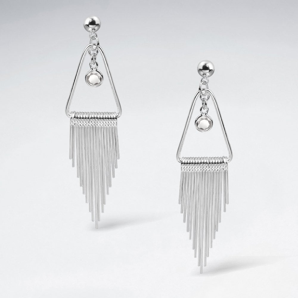 Sterling Silver CZ Triangle Fringe Dangle Earrings