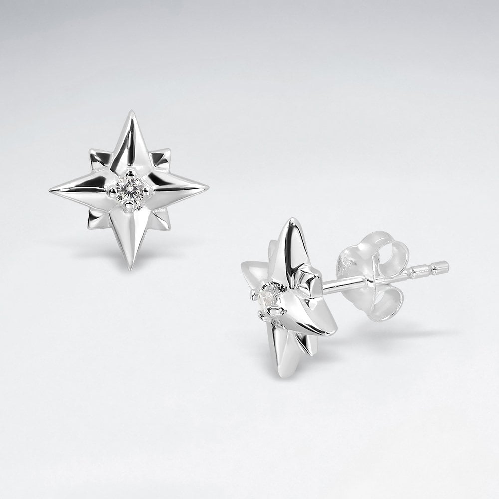 Sterling Silver CZ Starburst Stud Earrings
