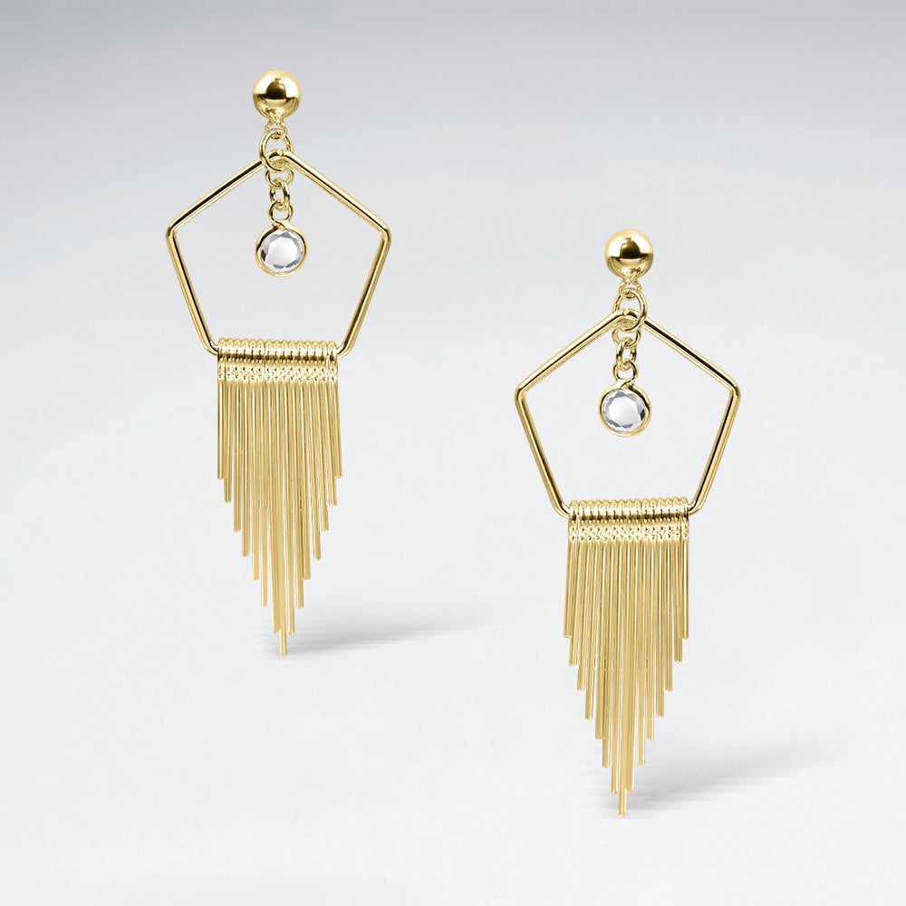 Silver CZ Geometric Pentagon Fringe Dangle Earrings