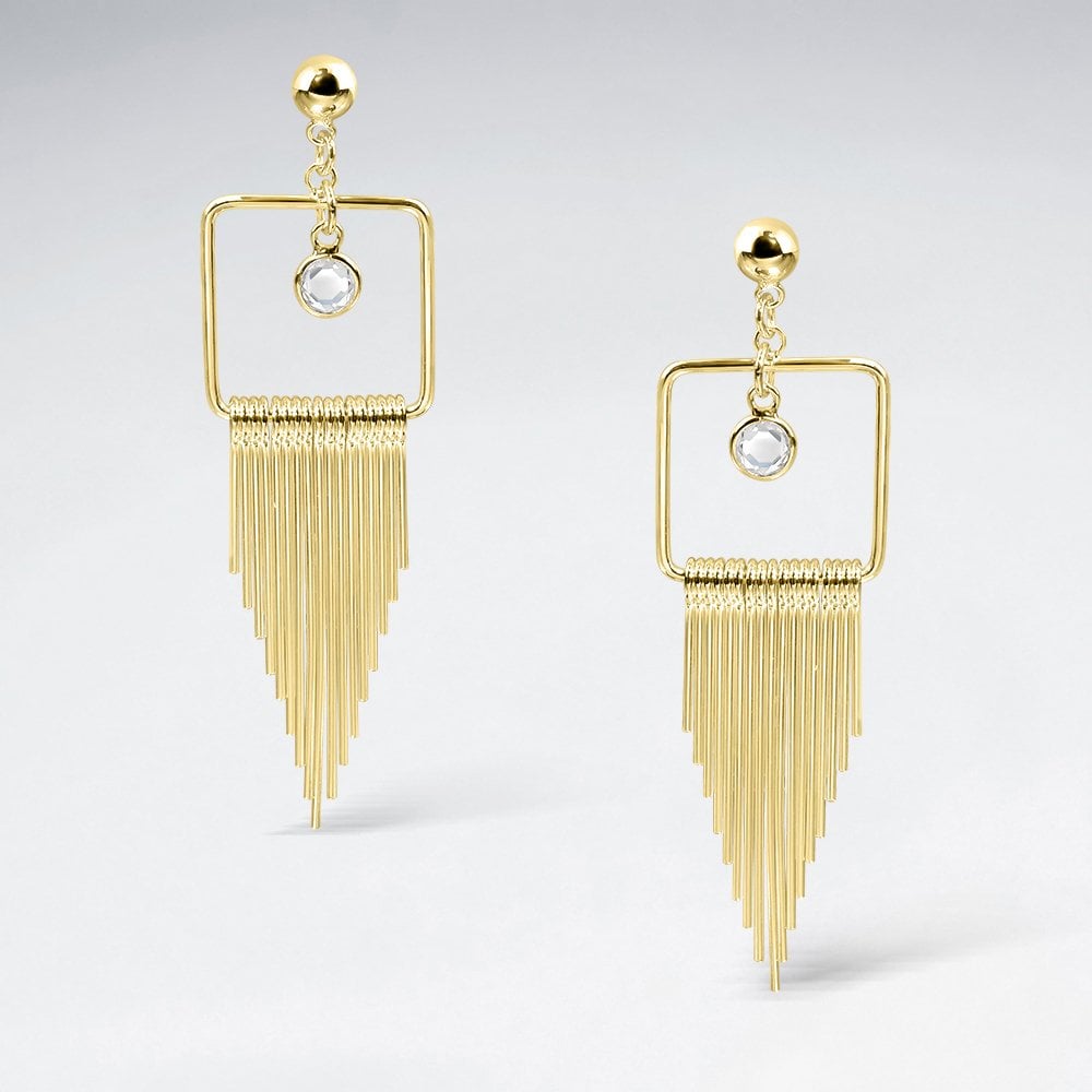 Sterling Silver CZ Square Fringe Dangle Earrings