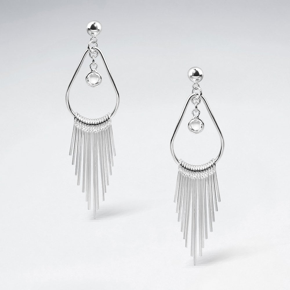 Sterling Silver CZ Teardrop Fringe Dangle Earrings