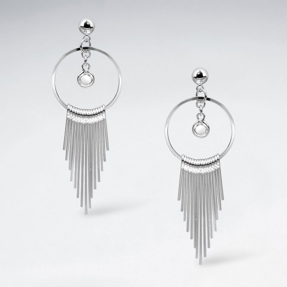 Sterling Silver CZ Circle Fringe Dangle Earrings
