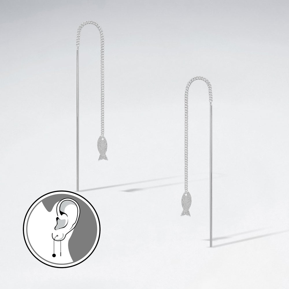 Sterling Silver Fish on the Line Threader Hook Earrings