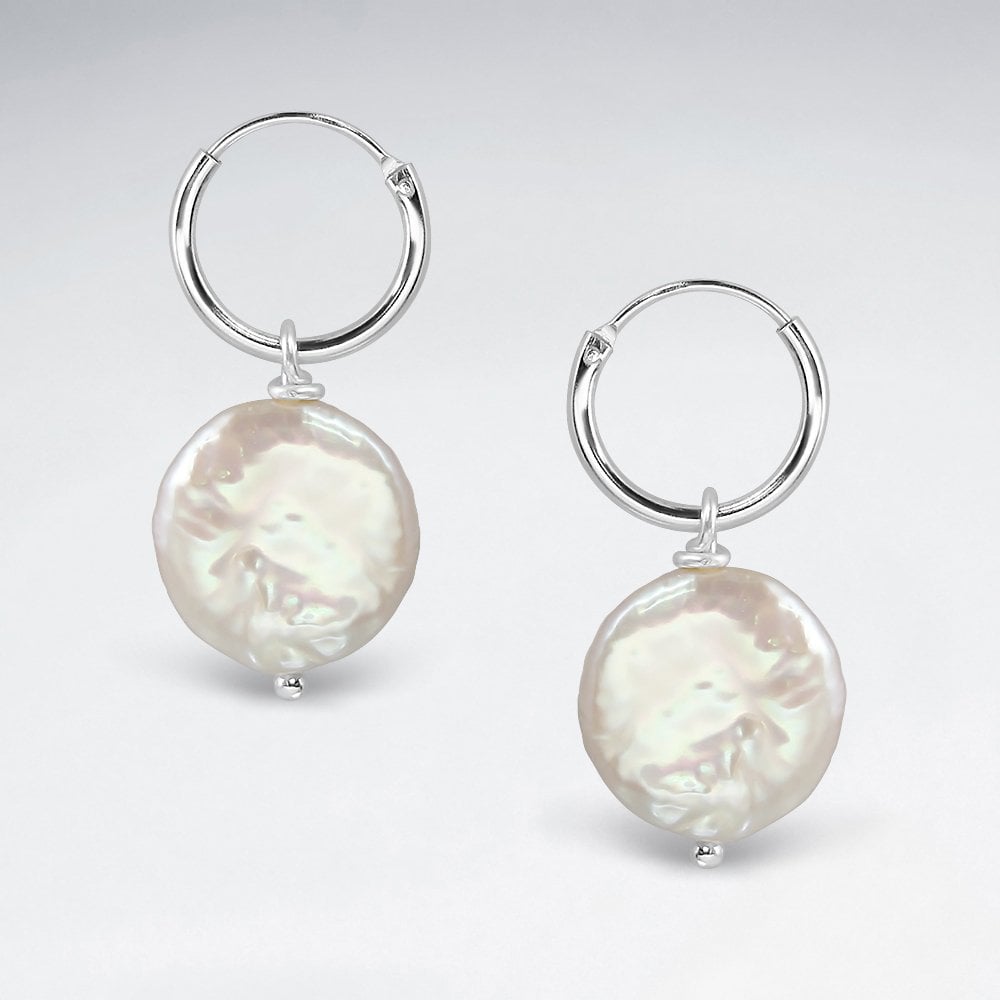 Sterling Silver Hoop Earrings with Faux Pearl Dangle
