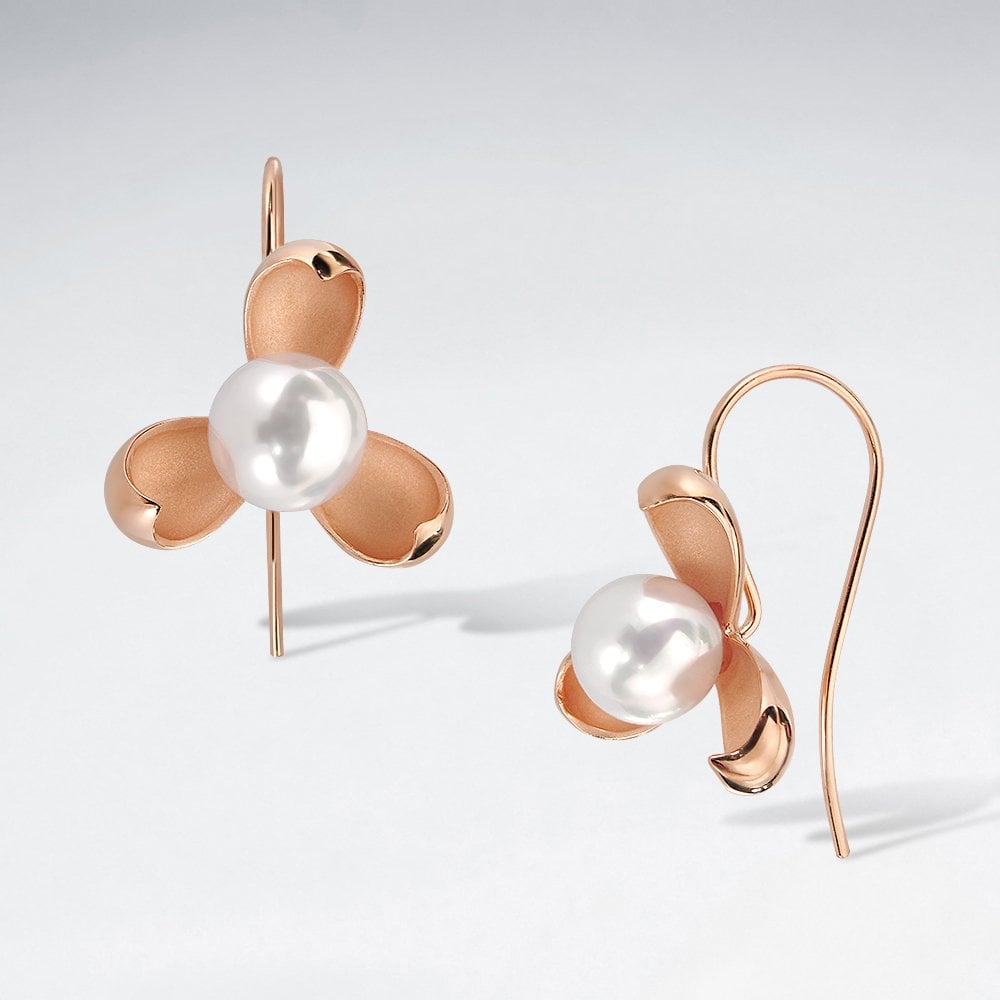 Sterling Silver and Faux Pearl Flower Hook Earrings