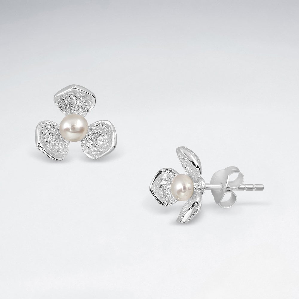 Sterling Silver Flower Pearl Stud Earrings