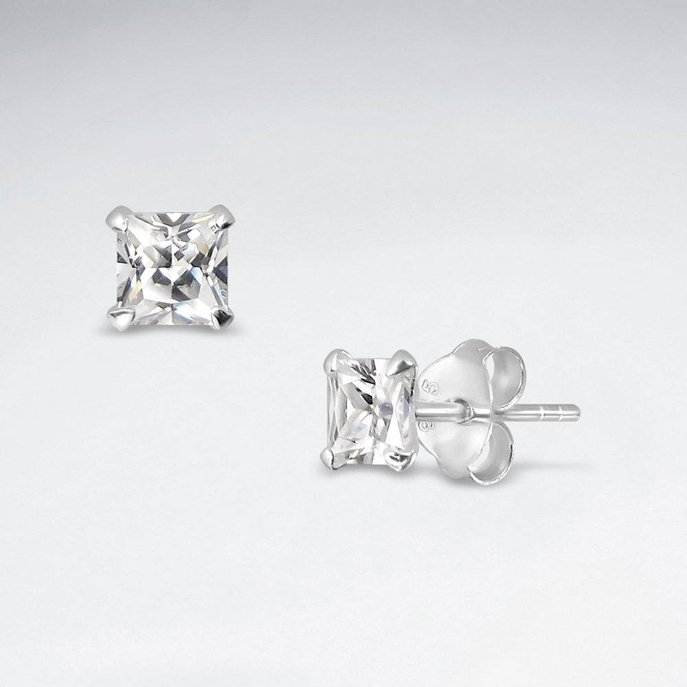 Sterling Silver Cubic Zirconia Square Stud Earrings