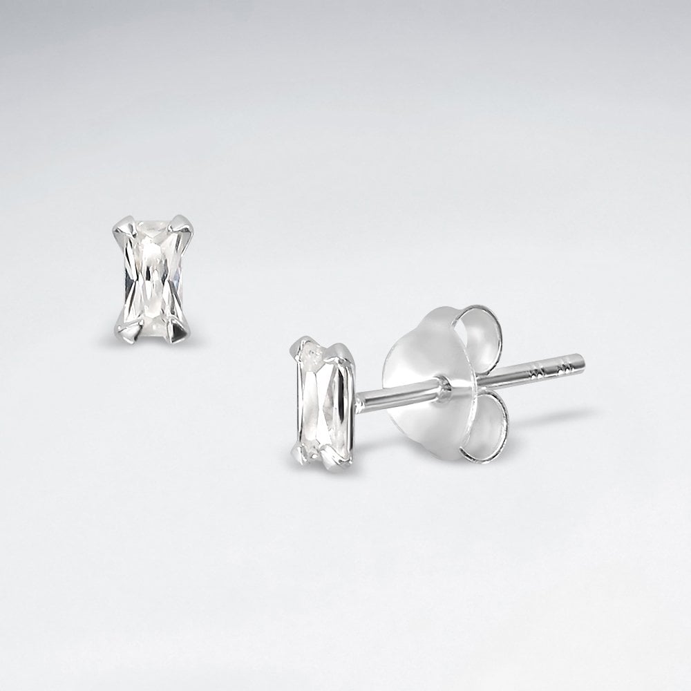 Silver Cubic Zirconia Rectangular Barquette Earrings