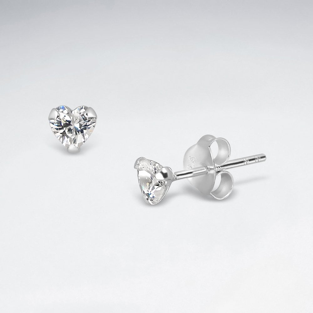 Sterling Silver Cubic Zirconia Heart Stud Earrings