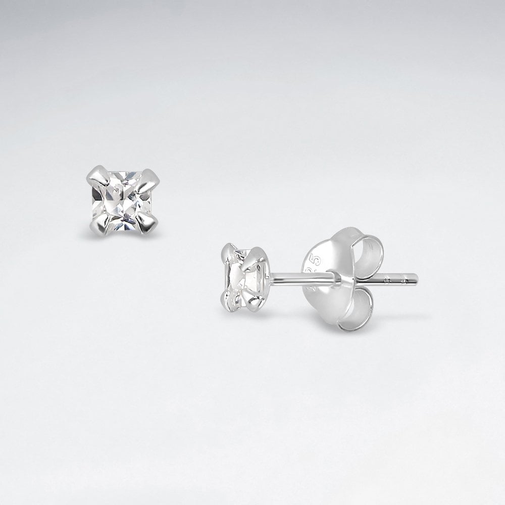 Sterling Silver Square-Cut Cubic Ziconia Stud Earrings