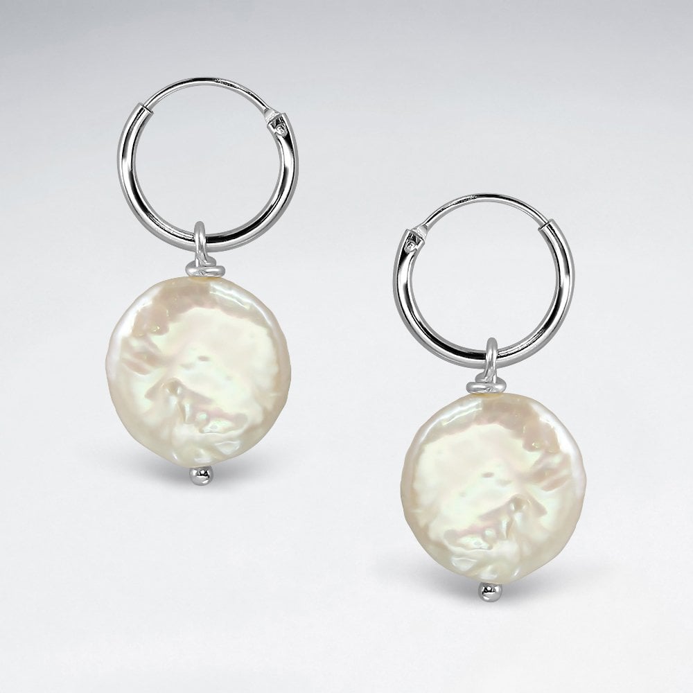 Sterling Silver Hoop Earrings with Faux Pearl Dangle