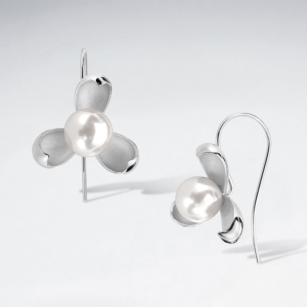 Sterling Silver and Faux Pearl Flower Hook Earrings