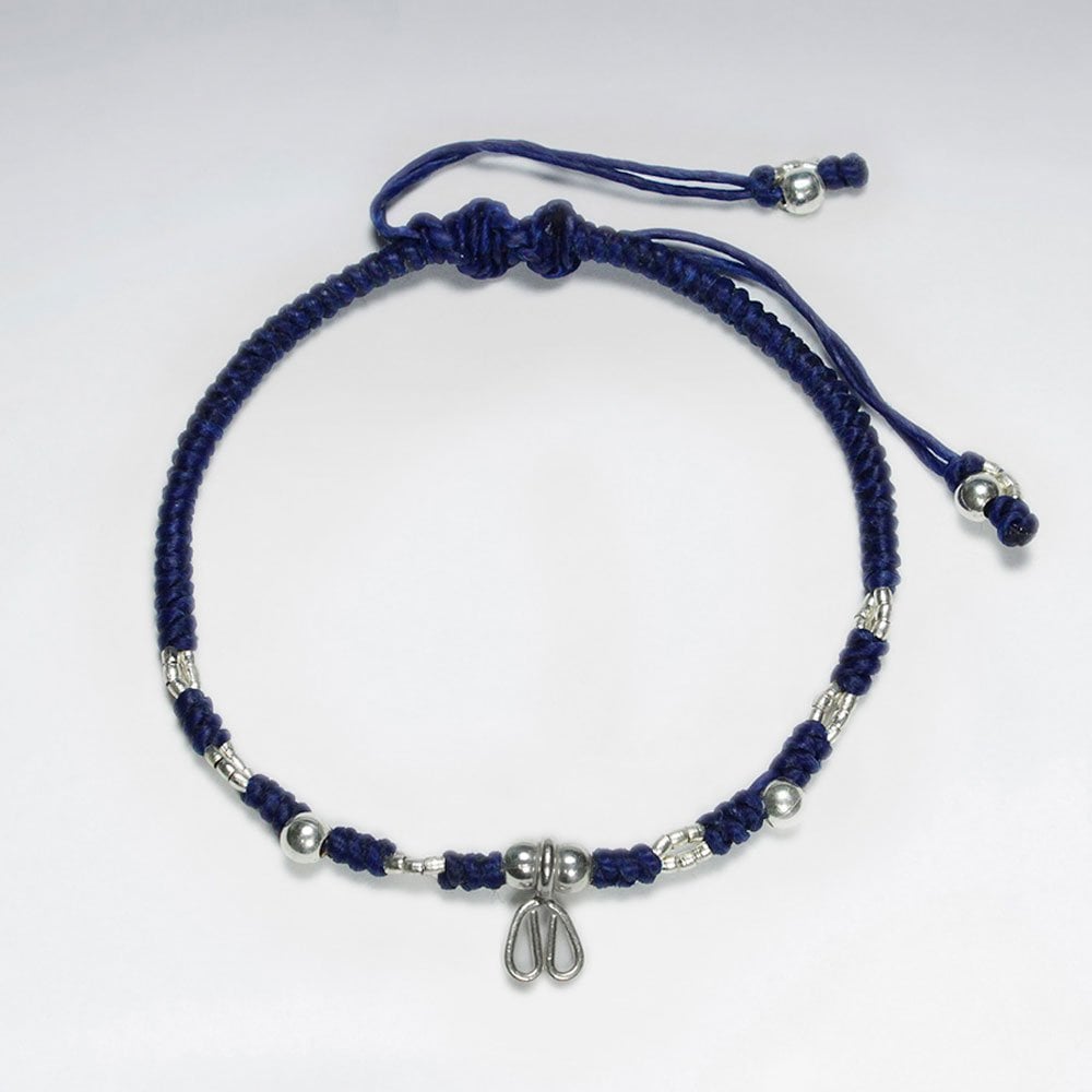 7" Adjustable Blue Macrame Waxed Cotton Bracelet With Antique Handmade Silver Heart Shape
