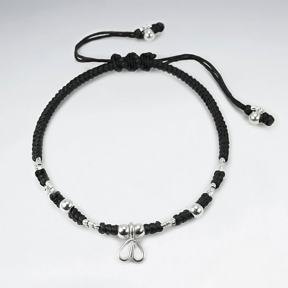 7" Adjustable Blue Macrame Waxed Cotton Bracelet With Antique Handmade Silver Heart Shape