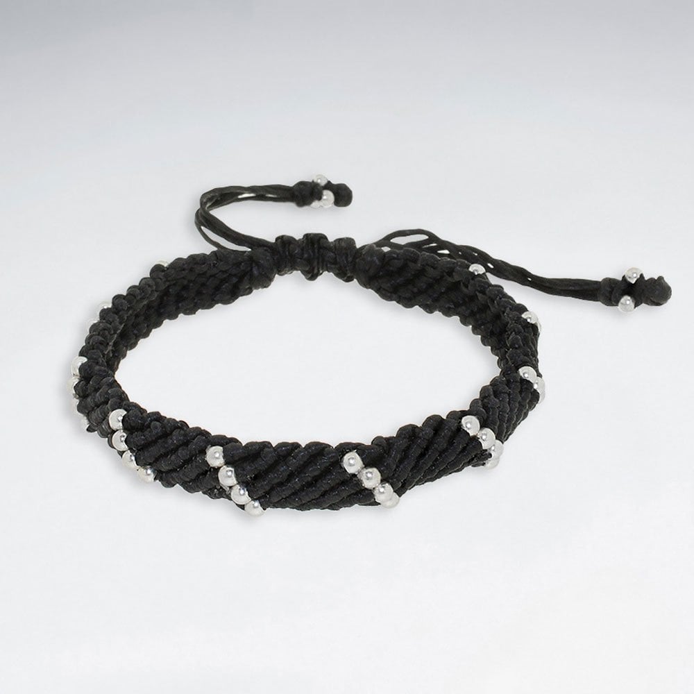 7"  Adjustable Multi Color Macrame Waxed Cotton Bracelet With Antique Handmade SilverBeads