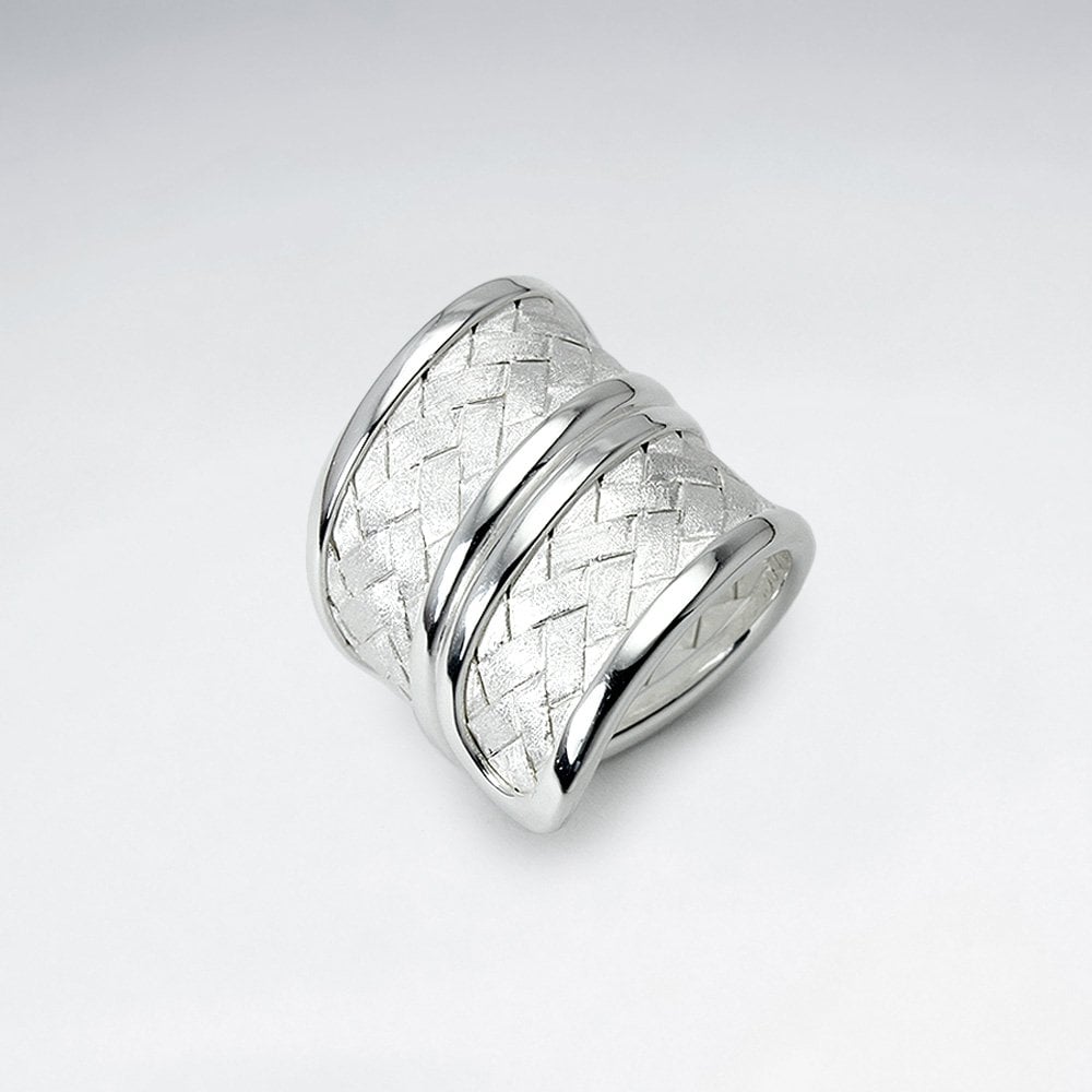 Handmade Matte Silver High Polished Basketweave Wide Band Ring
