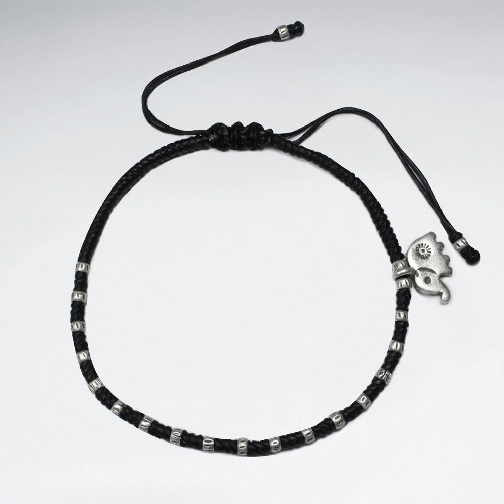 7 '' Adjustable Black Waxed Cotton Macrame Bracelet With Pattern Silver Beads and Elephant Accent Charm