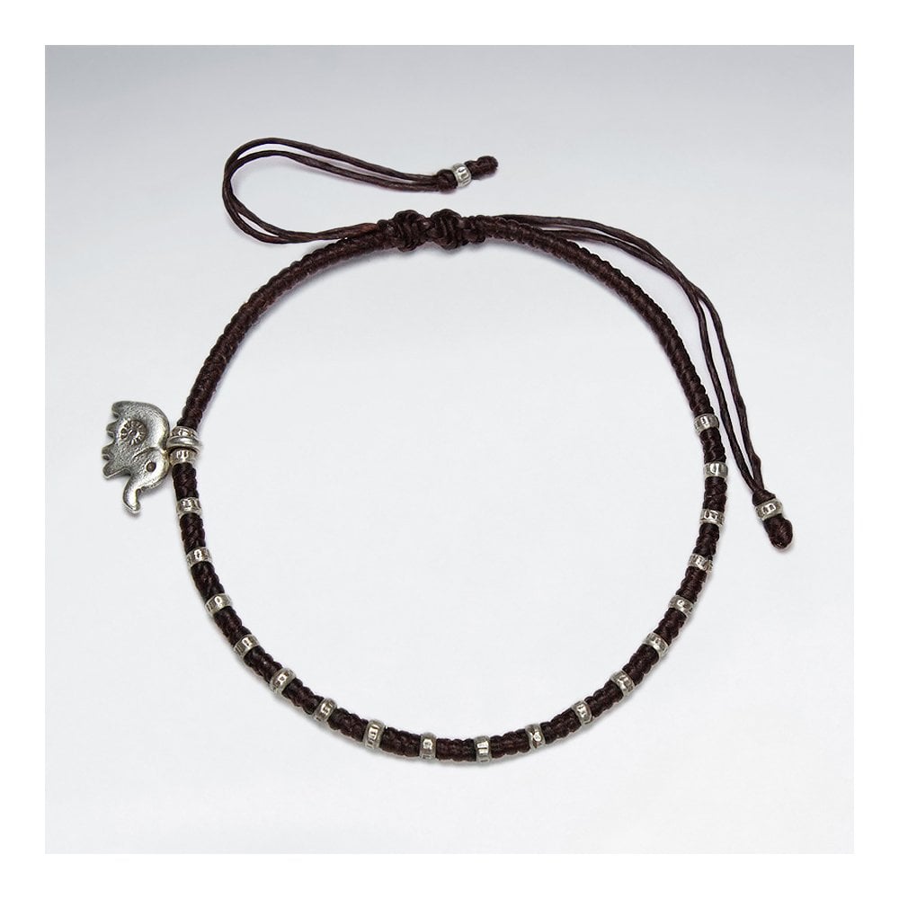7 '' Adjustable Black Waxed Cotton Macrame Bracelet With Pattern Silver Beads and Elephant Accent Charm