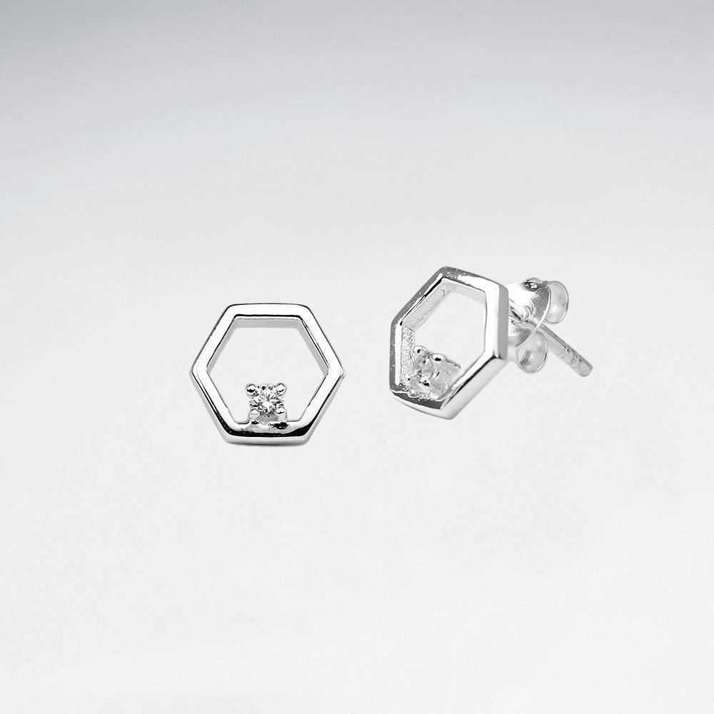 Sterling Silver and CZ Openwork Hexagon Earrings