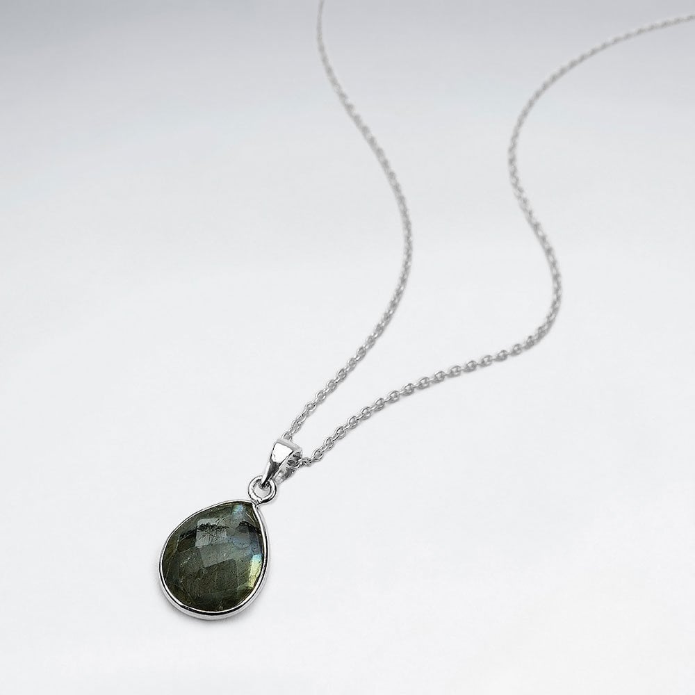 Sterling Silver Faceted Teardrop Gemstone Necklace