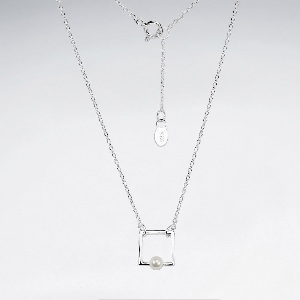 Sterling Silver Faux Pearl Square Necklace