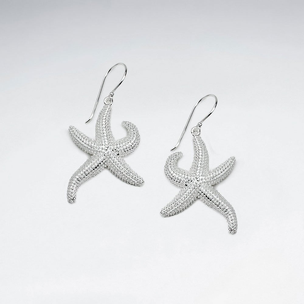 925 Sterling Silver Textured Starfish Dangle Hook Earrings