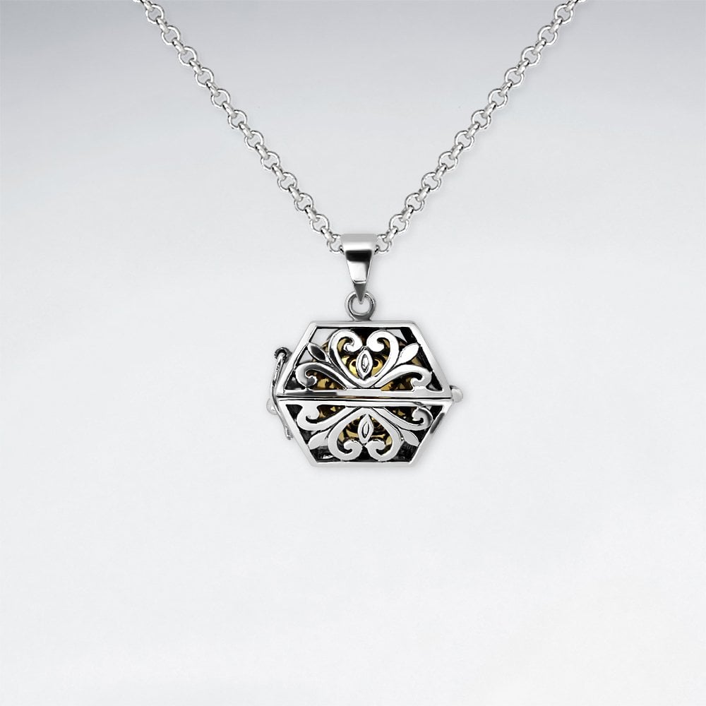 Silver Filigree Box Pendant With Brass Chime Ball