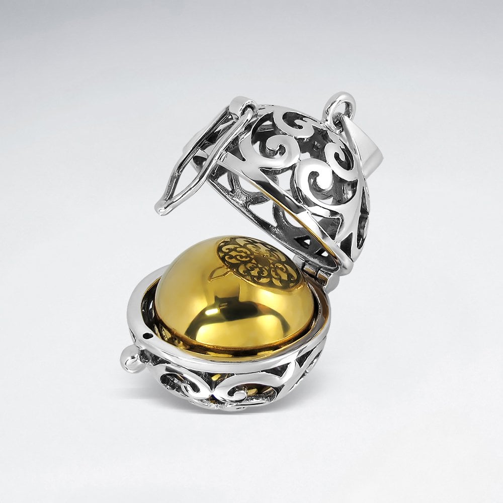 Silver Filigree Cage Pendant With Brass Chime Ball