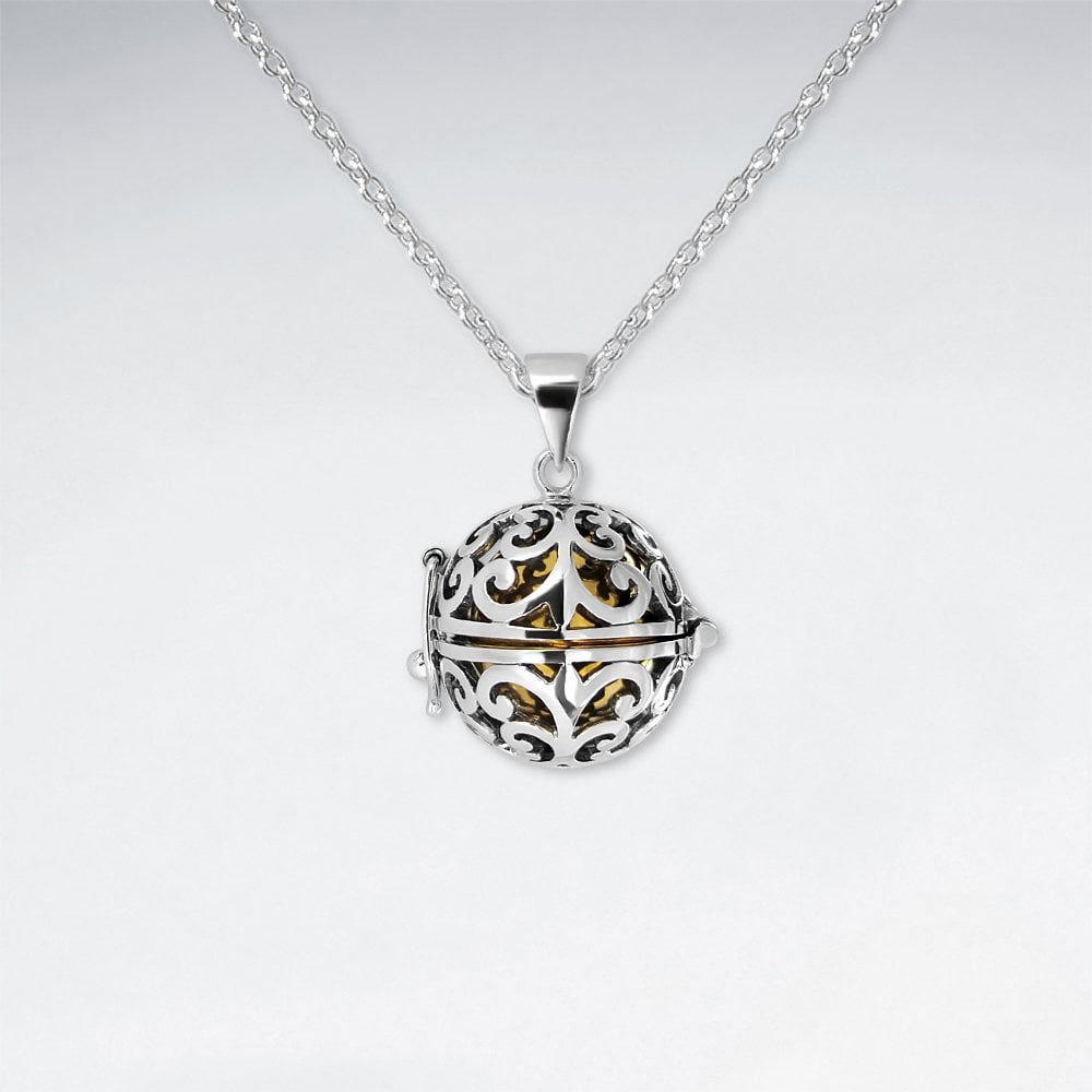 Silver Filigree Cage Pendant With Brass Chime Ball