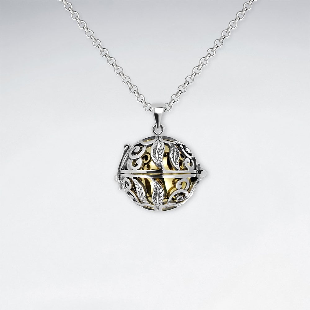 Sterling Silver Filigree Cage Pendant With Brass Ball