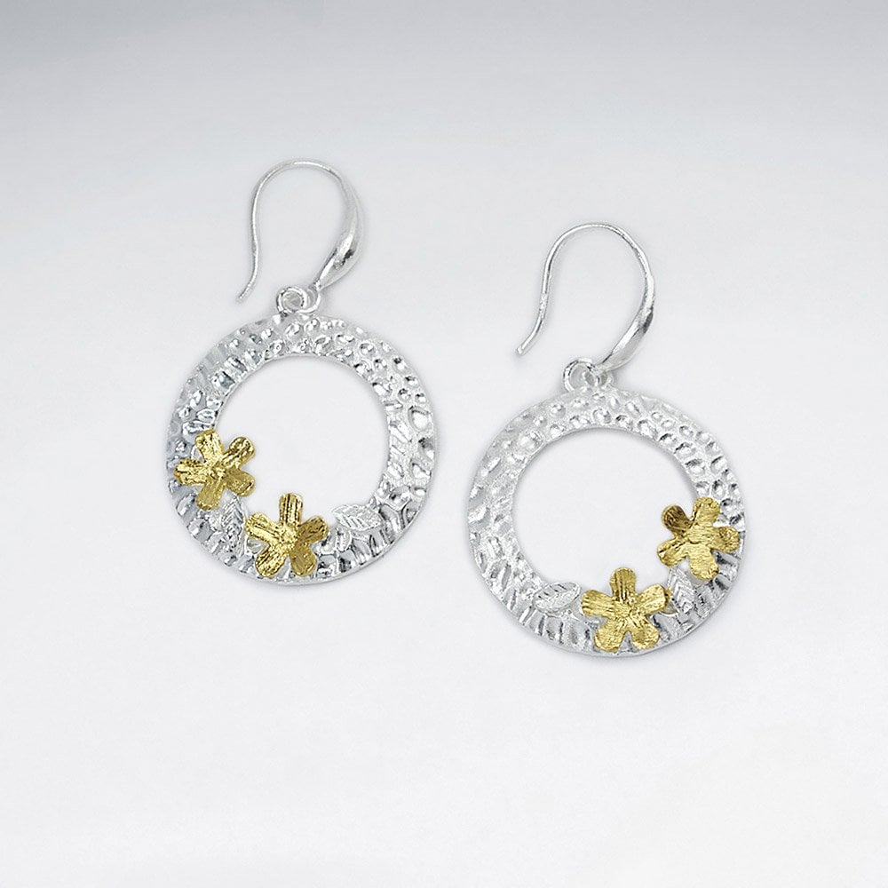 Sterling Silver Hammered Wreath and Flower Earrings