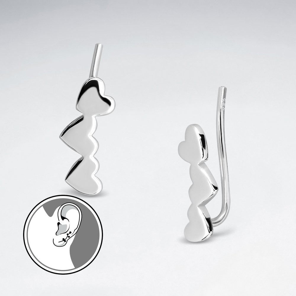 Sterling Silver Triple Heart Ear Crawler Earrings