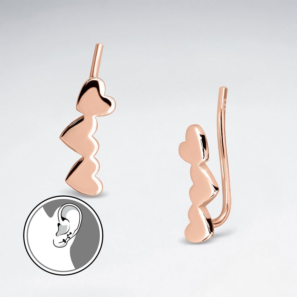 Sterling Silver Triple Heart Ear Crawler Earrings