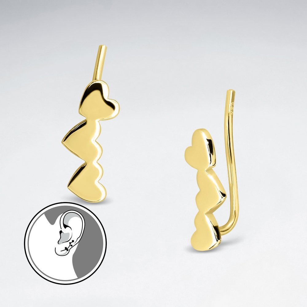 Sterling Silver Triple Heart Ear Crawler Earrings