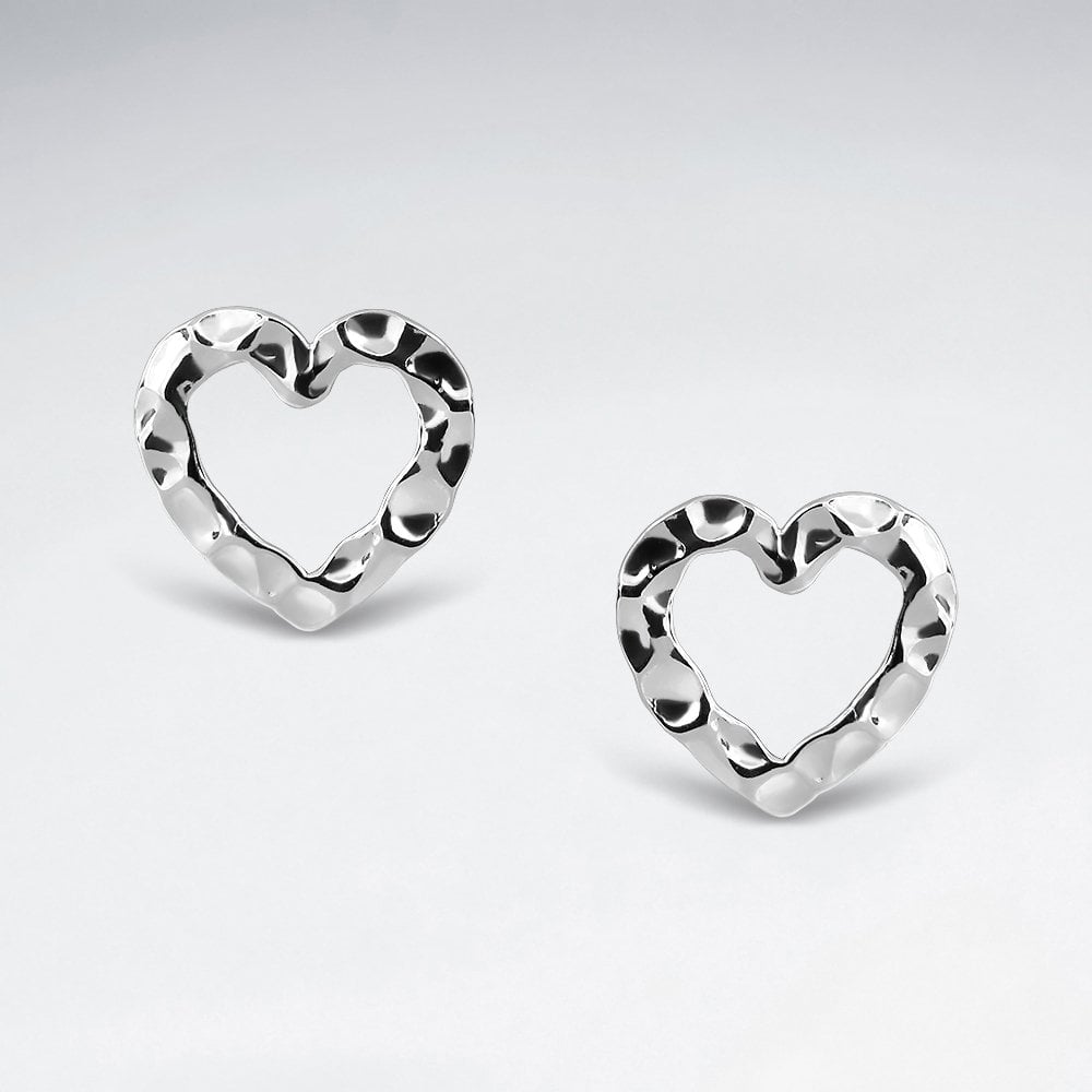 Sterling Silver Textured Open Hearts Stud Earrings