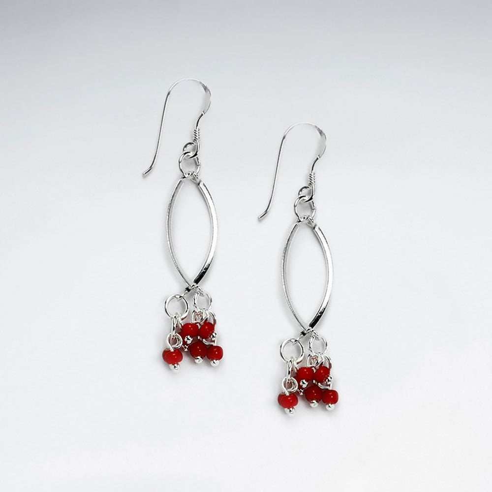 Oval Open Design Earrings With Dangle Red Glass Bead Cluster
