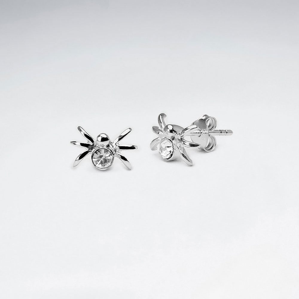 Sterling Silver Spider With Crystal Stud Earrings