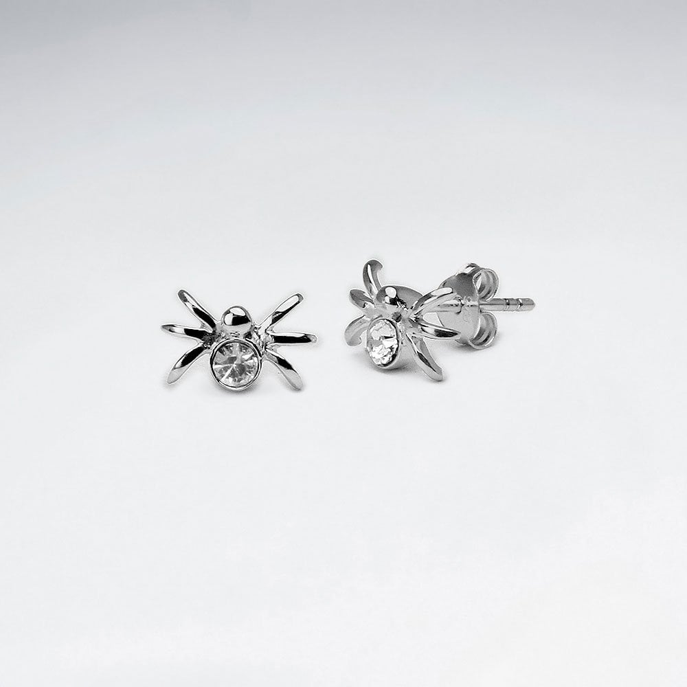 Sterling Silver Spider With Crystal Stud Earrings