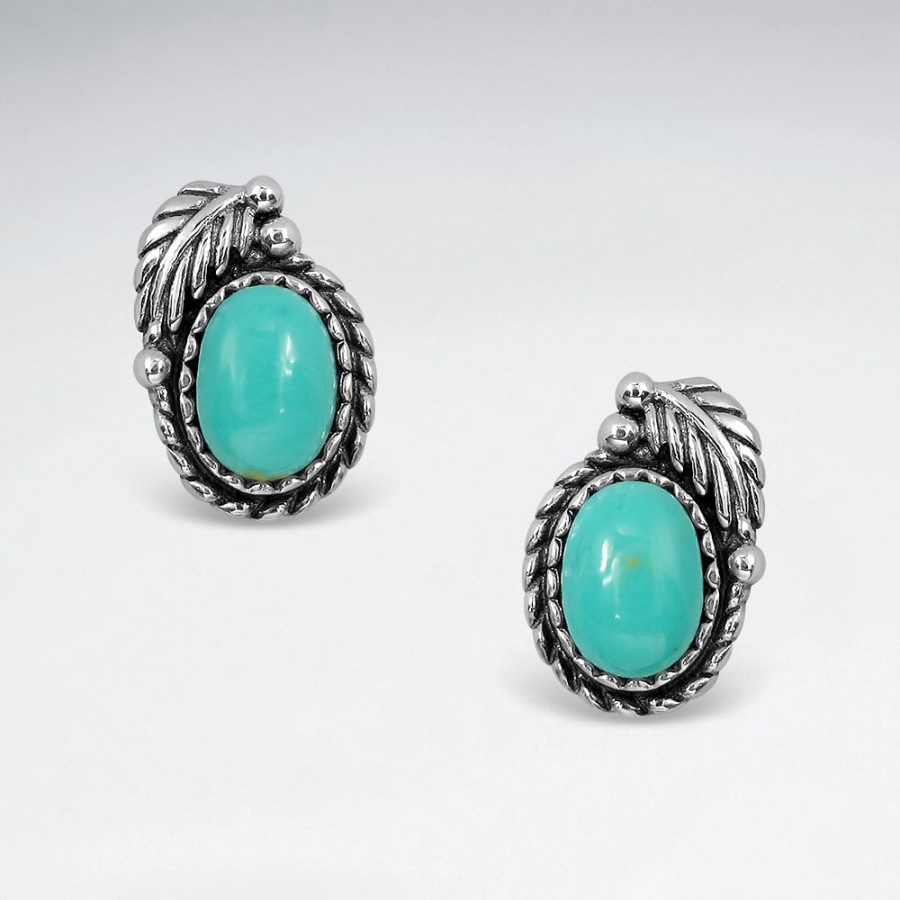 Sterling Silver Oval Bali Turquoise Leaf Earrings