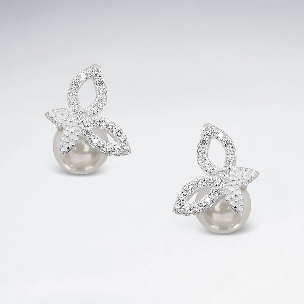 Sterling Silver Synthetic Pearl and CZ Stud Earrings