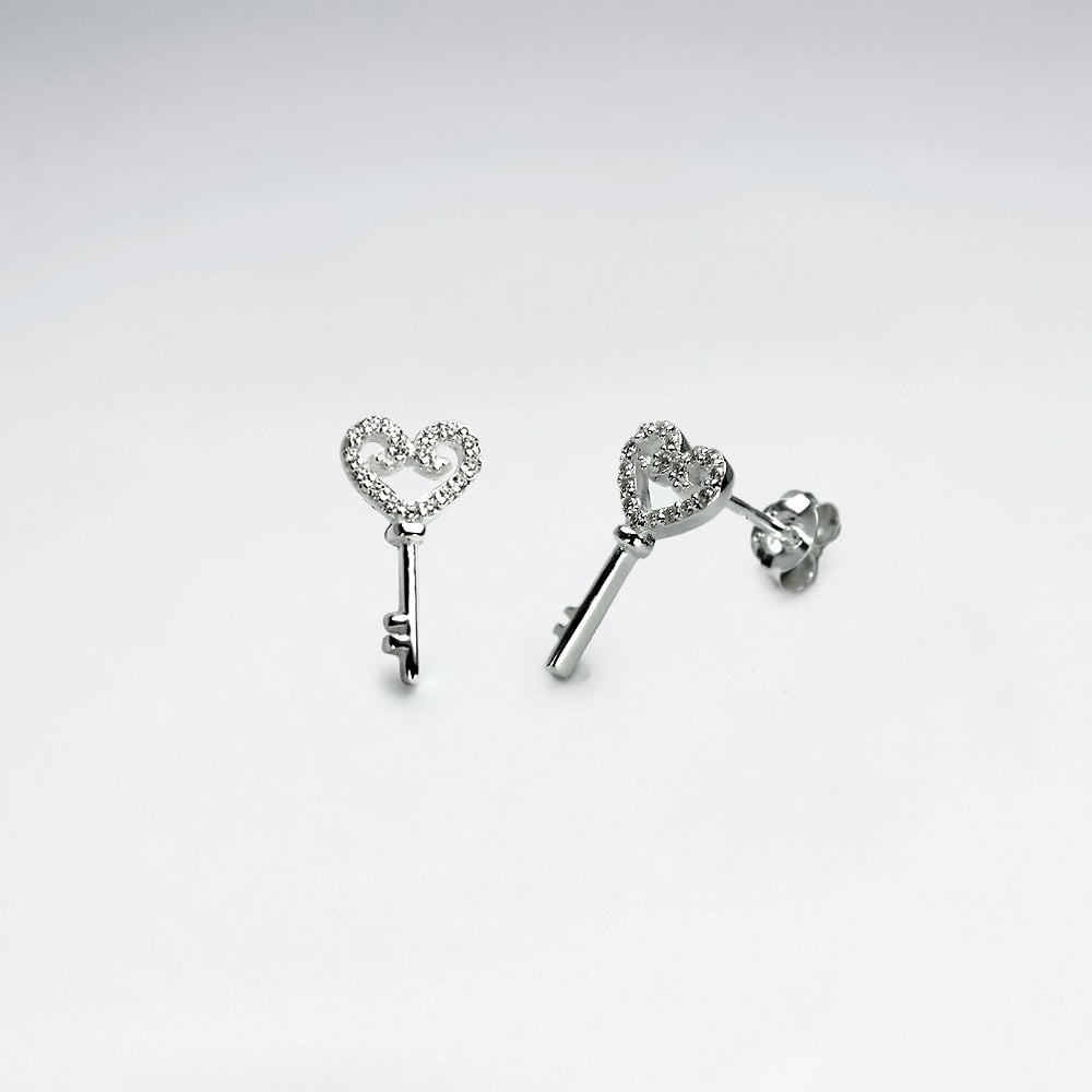 Sterling Silver CZ Heart Key Stud Earrings